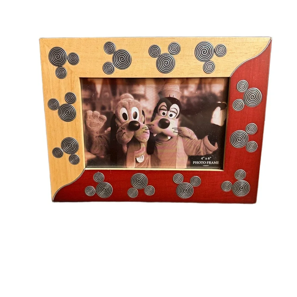 Disney Parks Mickey Mouse Wood Photo Frame 4x6 Red Natural Silver Spirals